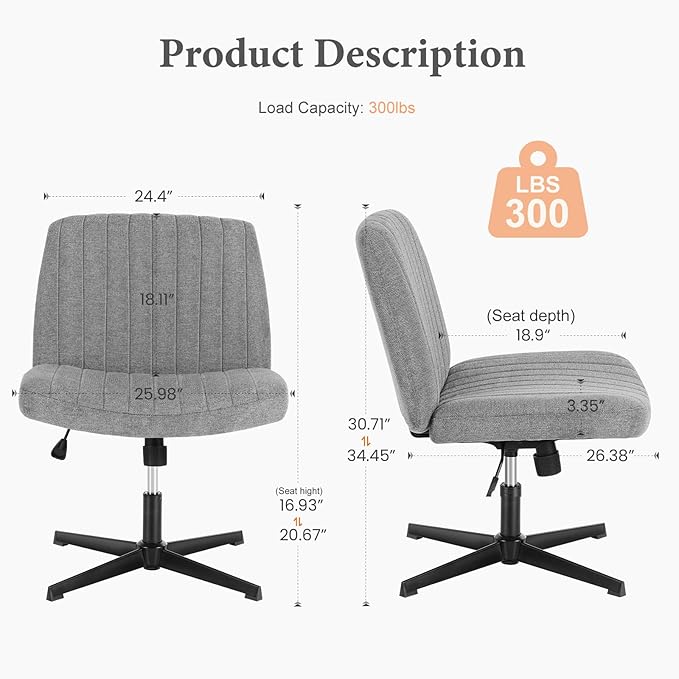 OLIXIS Criss Cross Chairs, Vanity Chair, Home Office Desk | Armless Wide Seat, Height Adjustable, Comfy Fabric, Bedroom, Study, Computer Task, Grey No Wheel