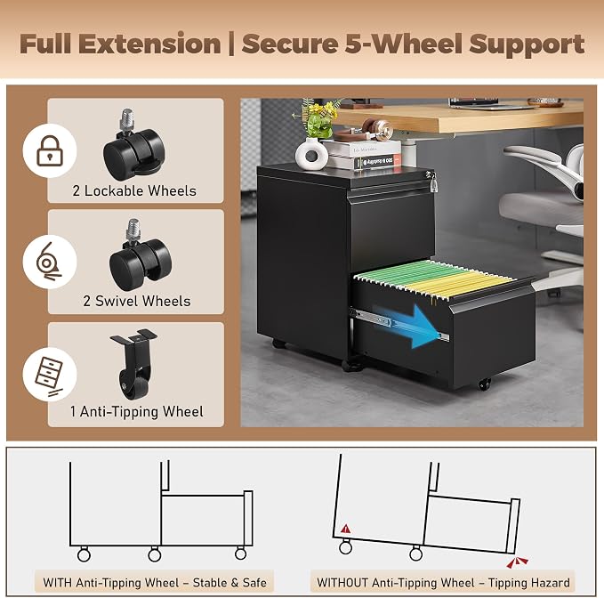 Approgreent 2 Drawer Metal File Cabinet, Fully Assembled Locking Filing Cabinet with Anti-Tipping Wheels, Quiet Slide, Heavy-Duty Steel Construction, Fits A4 Letter Legal for Home Office, Matte Black