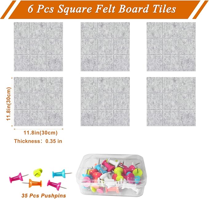 Large Square Felt Cork Board Tiles, Self Adhesive DIY Felt Bulletin Board Pin Board with 35 Pushpins for Office School Home Wall Decor Stickers Memos Photos Display (Light Grey)
