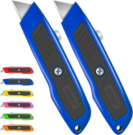 DIYSELF 2 Pack Box Cutter, Heavy Duty Utility Knife for Construction, Carpet, Cardboard, Retractable Aluminum Box Knife, Razor Blade Opener (Blue)