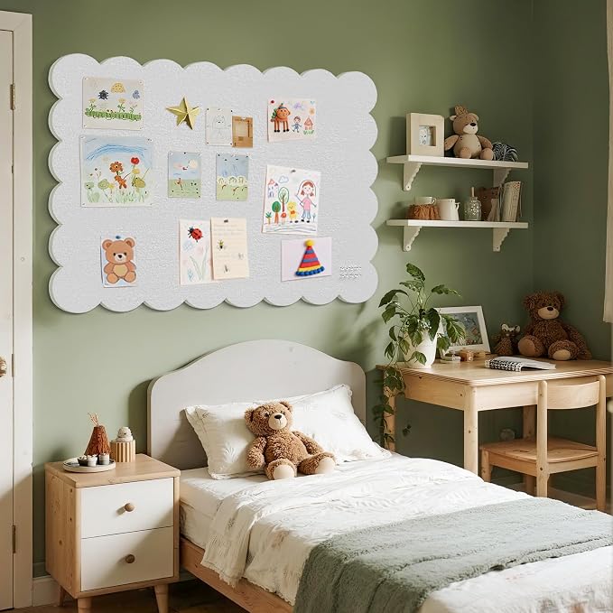 Scalloped Bulletin Board 48x36 inches, Decorative Felt Pin Board for Wall | Cute Cork Board Alternative with Push Pins, Foldable Display Vision Board for Photos, Notes & Reminders