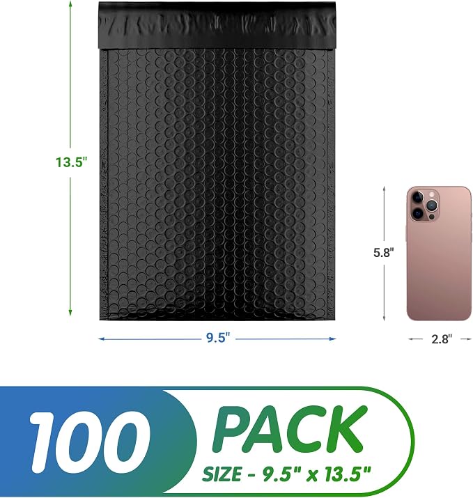 Black Poly Bubble Mailers 9.5 x 13.5 Inch. Pack of 100 Padded Envelopes Waterproof. Self Seal Padded Mailers with Durable Seams. Lightweight Padded Shipping Envelopes for Mailing Fragile Things
