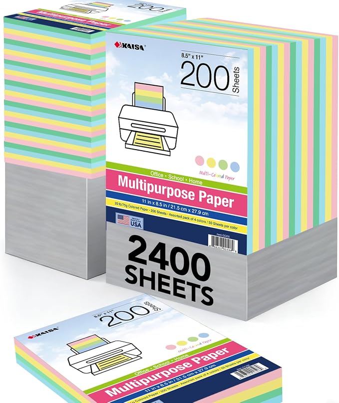Colored Paper 8.5 x 11 - Copy Paper, 2400-sheets Letter Size for Printer, Arts & Crafts, DIY Projects - Pink, Green, Blue, Yellow - School & Office Supplies