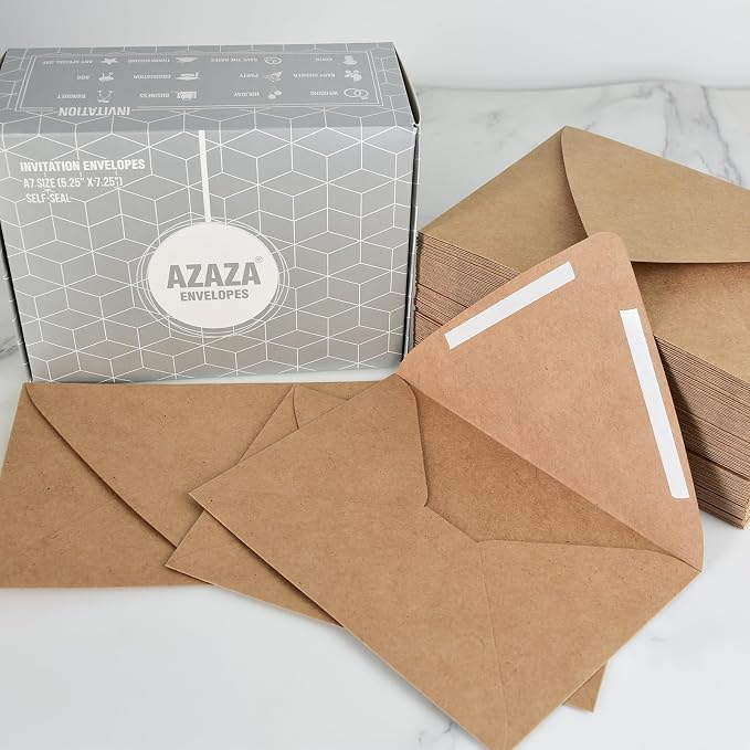 100 Pack 5x7 Brown Kraft Envelopes for Invitations - Quick Self Seal, V-Flap, Perfect for Weddings, Baby Shower,5x7 Cards,Party Invitation 5.25 x 7.25 Inches(A7 Envelopes Bulk)