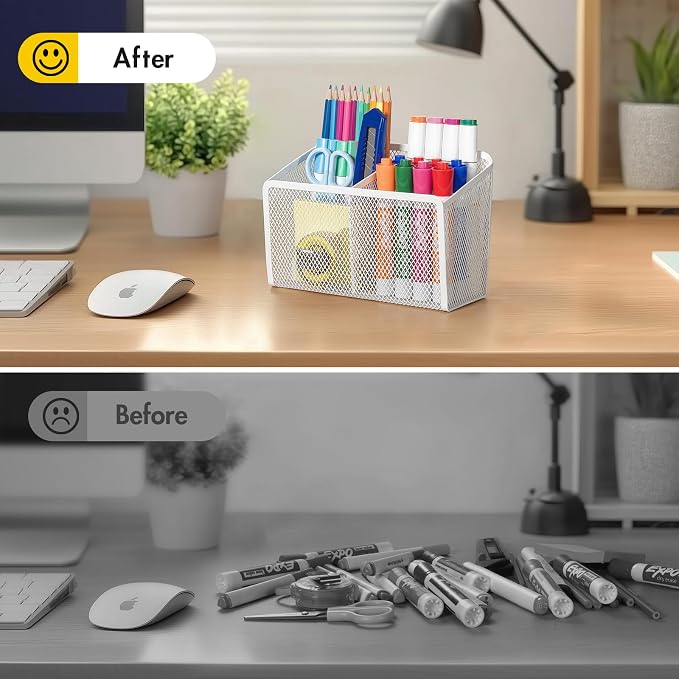 BEYGORM Magnetic Dry Erase Marker Holder for Whiteboard, Locker Organizer | Mesh Non-slip Pen & Pencil Holder for Refrigerator, Basket for Classroom, School &Office (White, 1-Pack)