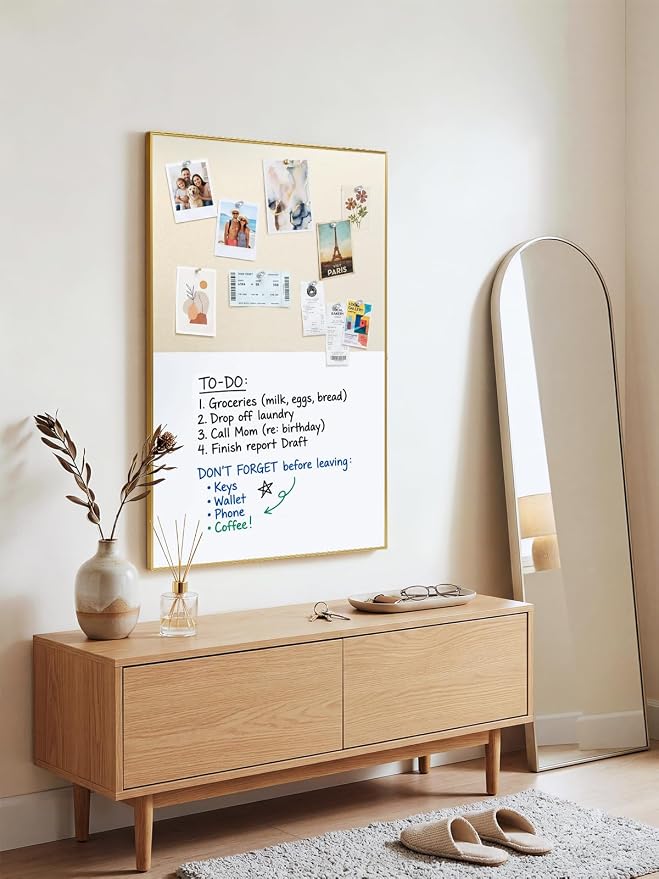 Dry Erase Cork Board Combo | 30"X20" Whiteboard with Linen for Wall, Magnetic Dry Erase Bulletin Board, Vision Board for Home, Office, School, Off White