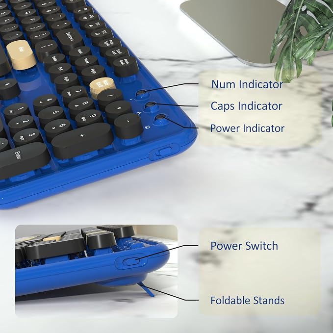 Retro Wireless Keyboard and Mouse Combo with Wrist Rest (Klein Blue) | COVEVA Aesthetic Typewriter Style, Full-Size Clicky Tactile Floating Round Keys, 2.4GHz Ergonomic Set for Mac, Windows