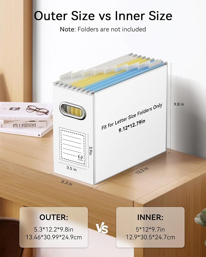 Portable Collapsible Cardboard File Box with Handle for Letter-Size | 1-Pack. Stainless Steel Handle. Label Stickers Included. Fits Letter Folders (Not Included). Home, Office, School, Dorm, Tax.