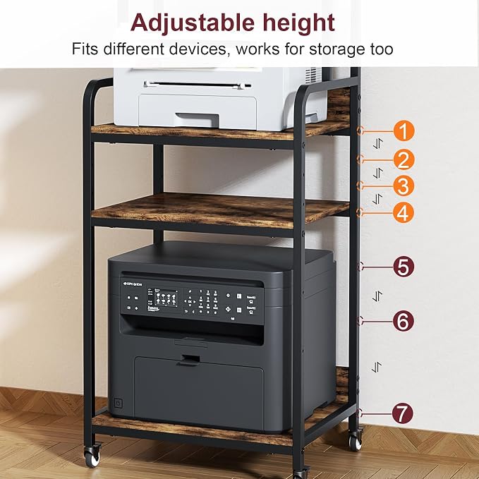 Extra Large Printer Stand with Wheels, 4-Tier Tall Printer Table, Printer and Shredder Stand with Storage Shelf for Home Office (Rustic Brown)