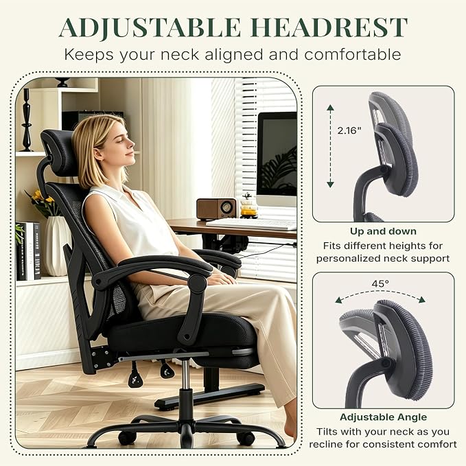 Ergonomic Office Chair with Footrest, Computer Gaming Chair | Adjustable Headrest, Lumbar Support, Swivel Reclining, Padded Armrest, Mesh High Back, Home Desk Work Study, Black