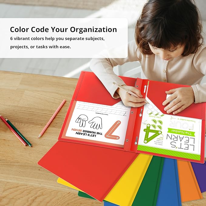 Plastic Folders with Pockets and Prongs (6 Pack, Bright Colors), 2-Pocket Poly Folders with 3 Hole Punch and Business Card Slot, Fits Letter Size Paper, for School, Office, or Home Use