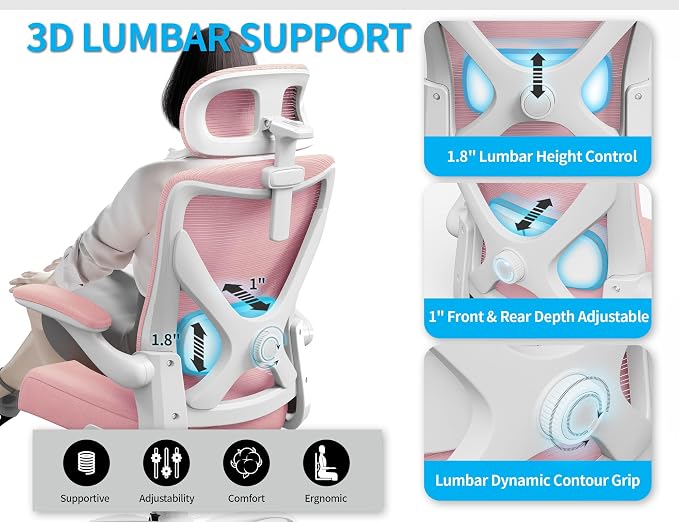 Ergonomic Office Chair: Mesh Desk Chair Comfy with Headrest& Lumbar Support | Ergalithic Big and Tall Office Chairs with Wheels & Flip-Up Arms-Computer Gaming Chairs for Adults Home Office Chairs(Pink)