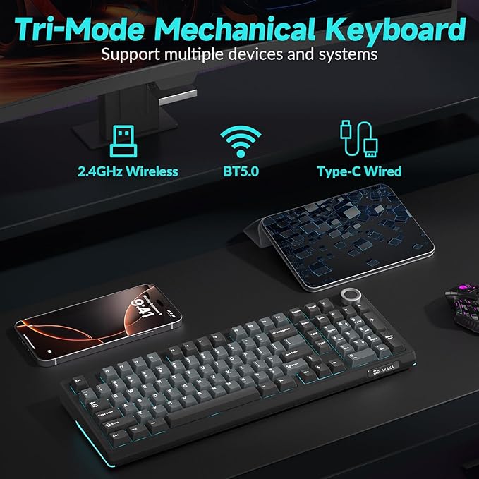 SOLAKAKA KI99 Pro Wireless Mechanical Keyboard Quiet Switch,Hot Swappable Pre-Lubed Switches Silent Keyboard with RGB Backlit,Gasket Structure Computer Gaming Keyboards(BlackBlue, Silent Switch)