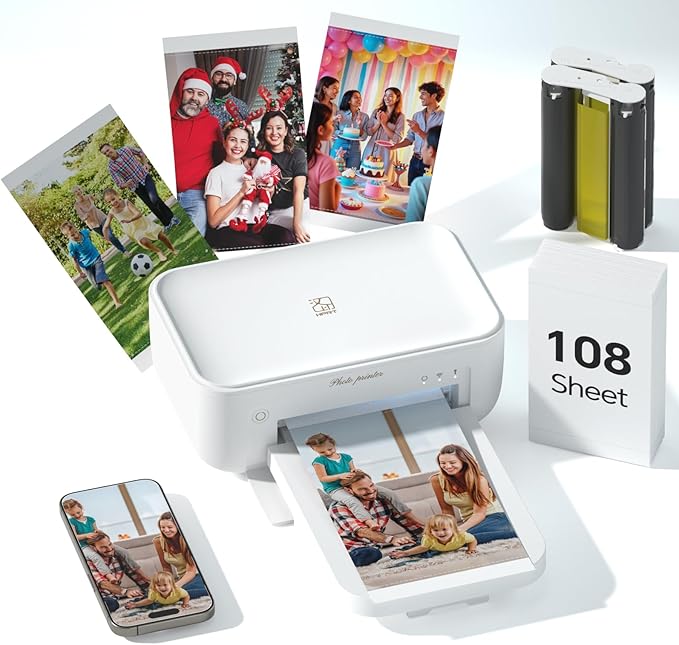 HPRT 4x6 Photo Printer with 108 Sheet & 2 Ribbon, Portable Picture Printer for iPhone & Android Smartphone, Instant Photo Printer, Bluetooth Small Phone Photo Printer, Home Use, Ideal Gift, White