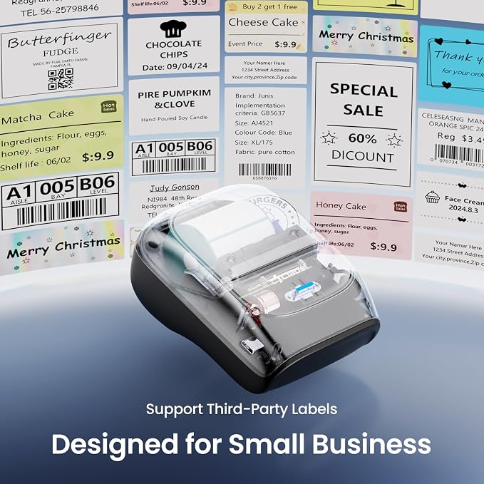 CLABEL 221B 2" Bluetooth Thermal Label Printer with 1 Label Roll, Black | Portable Inkless Barcode Maker, Compatible with iOS and Android, Ideal for Small Business, Retail, Office and Home