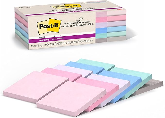 Post-it 100% Recycled Paper Super Sticky Notes, 3 in. x 3 in., 12 Pads, 70 Sheets per Pad, Wanderlust Pastels, School Supplies and Office Products (Pack of 12)