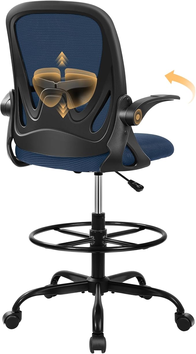 Drafting Chair Tall Office Chair with Flip-up Armrests Executive Ergonomic Computer Standing Desk Chair with Lumbar Support and Adjustable Footrest Ring (Navy)