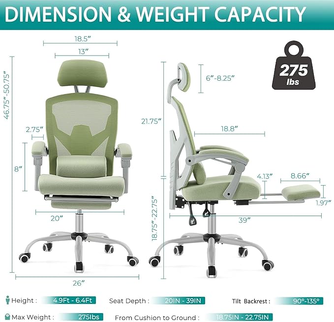 DUMOS Home Office Desk Chair with Footrest, High-Back Mesh Rolling Swivel Reclining Chairs with Wheels, Comfortable Headrest, Lumbar Support, Comfy Arms for Home, Office, Gaming, Elegant Green