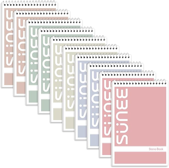 SUNEE Steno Pads 6x9 10 Pack, Gregg Rule, 60 Sheets, White Paper, Take Notes with Top Spiral Notebook, for School, University, College, Work, Office, Classic Color