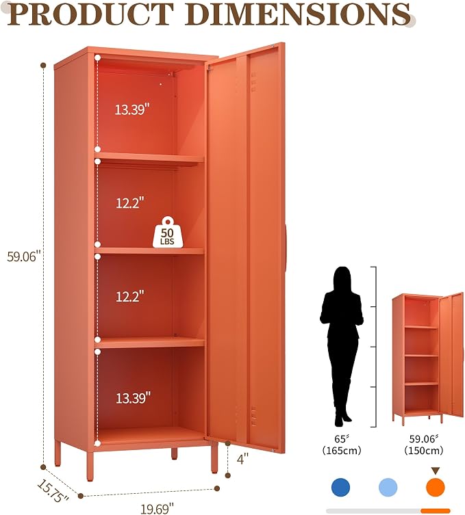 Metal Locker Storage Cabinets 59.06"H Orange Locking File Cabinets Kitchen Food Pantry Cabinet with 2 Doors and Shelves for Dining Room, Living Room,Bathroom Office,Home,Garage, Gym, School