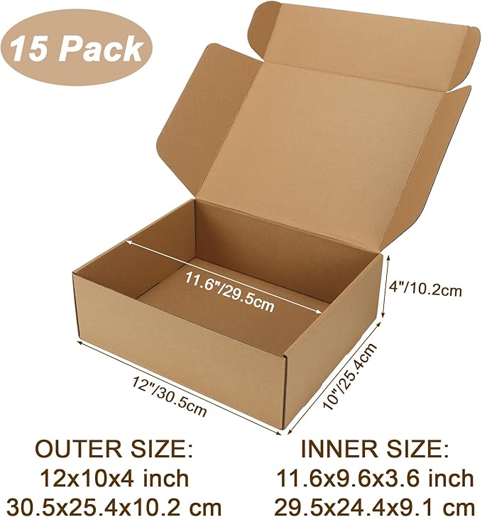 12x10x4 inch Shipping Boxes Set of 15 Brown, Inner Size 11.6x9.6x1.6 inch Cardboard Box Mailers for Small Business Packaging Mailing or Gift Wrapping Giving