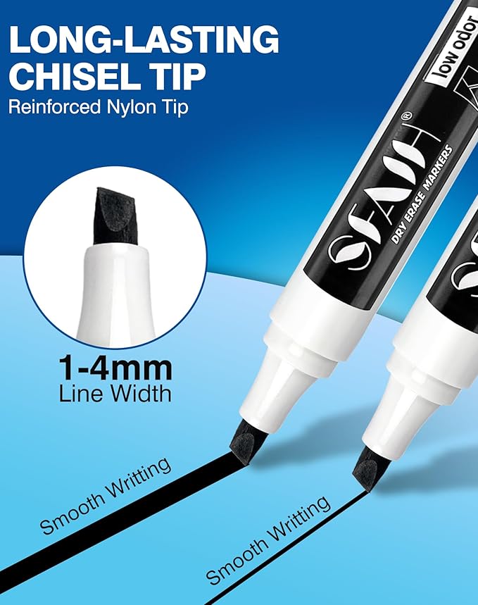 SFAIH Dry Erase Markers Chisel Tip with Magnetic Whiteboard Eraser, 48 Bulk Pack Black White Board Markers for Teachers, Versatile Lines, 1s Quickly Dry, Essential Supplies for Office Teacher