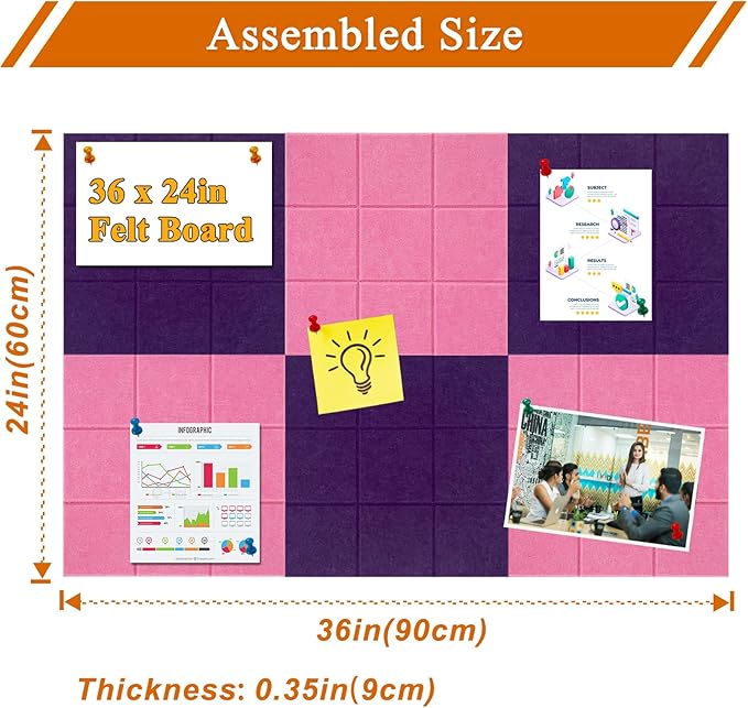 Large Square Felt Cork Board Tiles, Self Adhesive DIY Felt Bulletin Board with 35 Pushpins for Office School Home Wall Decor Stickers Memos (Purple & Pink)