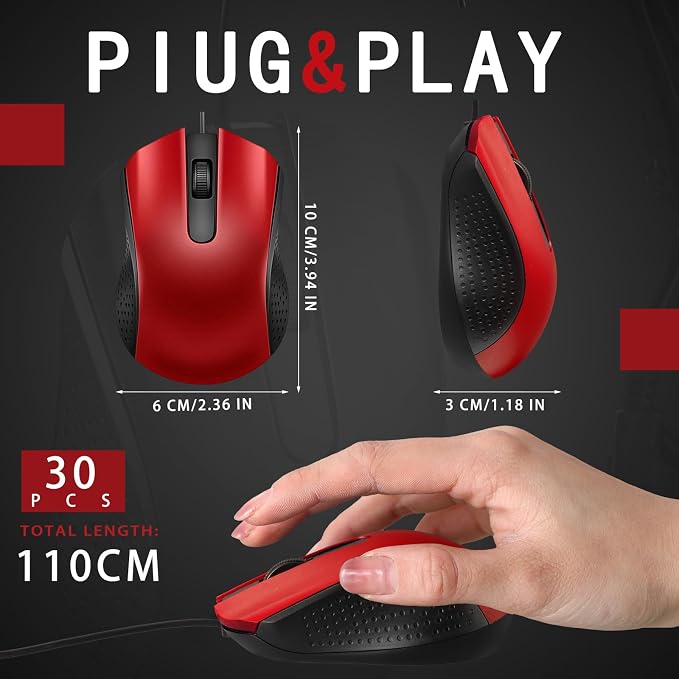 Bonuci 30 Pack USB Wired Mouse 3 Button Corded Computer Mice Bulk USB Mouse for PC Desktop, Laptop, Office, School, Classroom Use(Red)