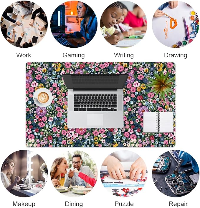 Colorful Star Large Mouse Pad, Floral Desk Mat Office Supplies, Waterproof Faux Leather Big Gaming Mousepad for Women Girls, Blooming Flowers Desk Pad Home Office Décor Accessories 23.6" x 13.8"