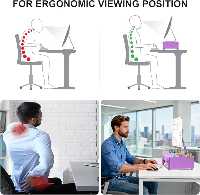 WALI Computer Monitor Stand with Storage and Pen Holder | 3 Height Adjustable Desk Organizer with Drawer, Desk Laptop Monitor Riser for Computer, Printer(PTT003-V), 1 Pack, Violet