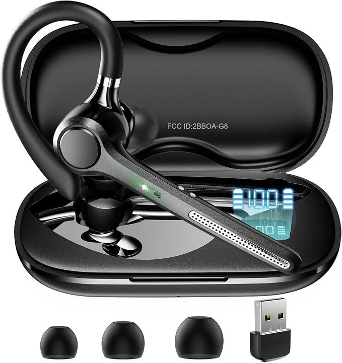 Ngsod Bluetooth Headset V5.4,USB Dongle Wireless Earpiece with Mic for Work | 500mAh Charging Case,50H Talk Time,Dual connect & Mute,ENC Noise Cancelling Lightest Headphones for Work Trucker