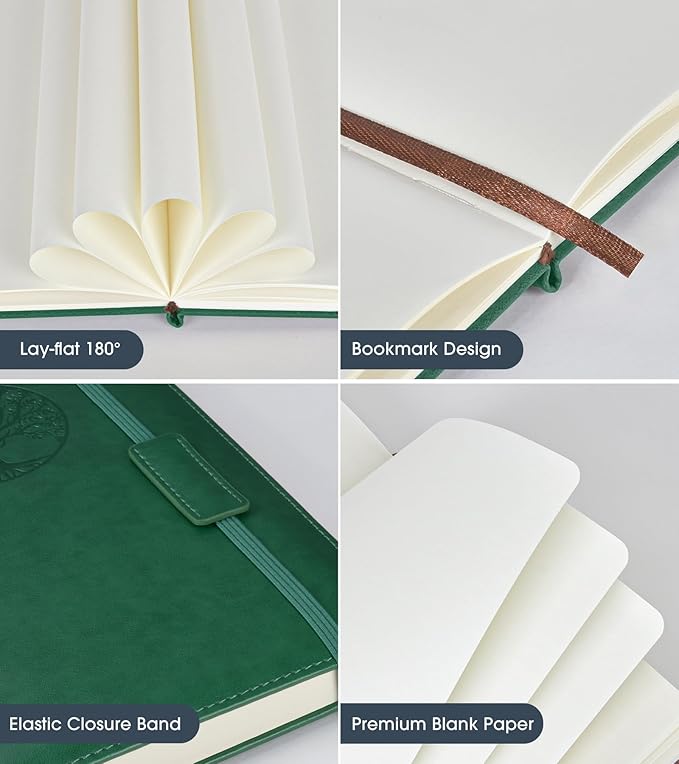 Blank Journal Notebook for Women Men, Hardcover Leather Sketchbook 5.7"×8.3", 140 Pages Unlined Sketch book for Drawing, Writing, Travel, School & Work, Journaling Notebooks (Green)