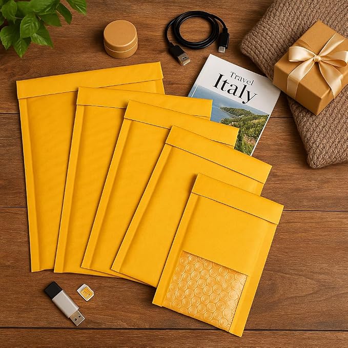 POLYSELLS #0 6x9 Kraft Bubble Mailers 300 Pack - Padded Envelopes for Shipping Small Business Supplies - Self Seal Cushioned Mailing Envelopes for Jewelry, Cosmetics, Photos - Gold Kraft Paper