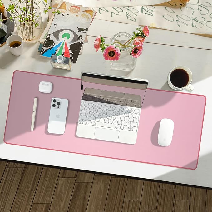 Waterproof Large Gaming Mouse Pad with Durable Stitched Edges, Non-Slip Rubber Base, Smooth Surface Mouse Mat Desk Pad for Home Office Gaming, 27.5"*11.8"*0.08",Pink