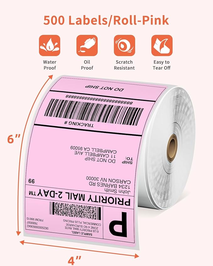 Phomemo 4x6 Thermal Label Printer Paper - 500 PCS Pink 4"x6" Labels Roll Shipping Supplies Labels - Water/Oilproof Stickers - Permanent Adhesive Thermal Shipping Label for Ship Packages