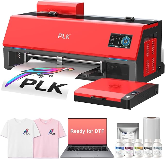 PLK A3 Plus XP600 DTF Printer, Double-Speed Than L1800/L805, 4.5'' Touch Screen, Auto-Cleaning, Dual White Ink System, Film-Cutter, Apparel Printer Machine, 2-Year Ink Included
