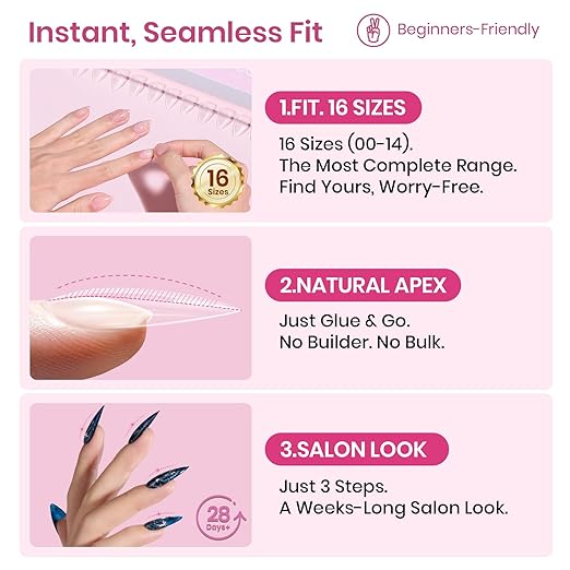 Beetles Tipex Lite Instant Apex Nail Tips, Medium Stiletto, 16 Sizes | 00–14, Built-in Apex Acrylic Tips for Flat & Natural Nail Beds, Beginner-Friendly Easy DIY Nail Extensions