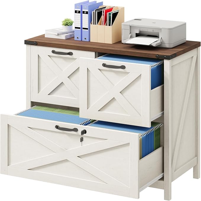 Halitaa 3 Drawer Farmhouse Lateral File Cabinet, Rustic White and Brown | Lateral Filing Cabinet with Lock for Letter/A4/Legal Size, Large Wood File Storage Cabinet Printer Stand for Home Office