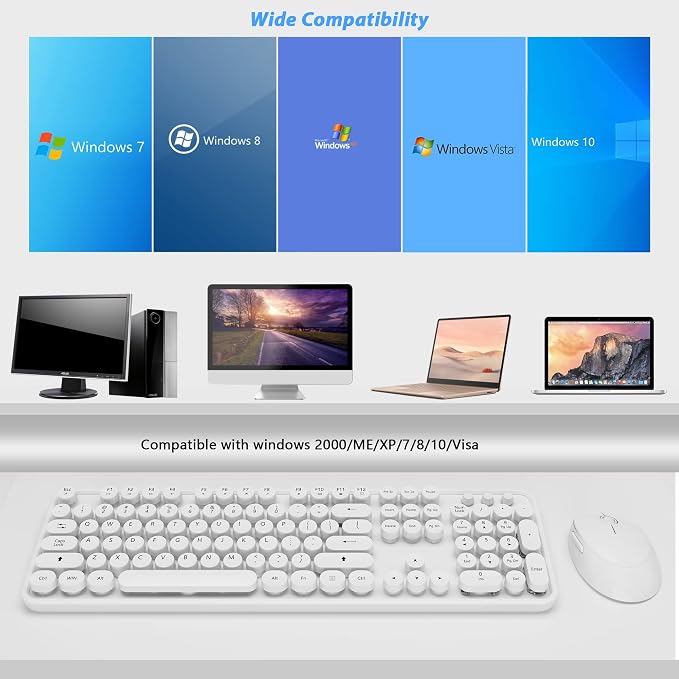 Wireless Keyboard Mouse Combo,104 Keys Cute Colorful Typewriter White | Full Size With Number Pad & Mouse,Compatible With All Windows,Ideal For Windows,1600DPI,Computer, PC, Notebook, Laptop