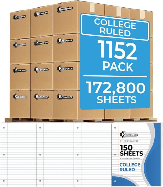 1152 Pack Loose Leaf Paper Bulk, 172800 Sheets, College Ruled Bulk | Pallet of Filler Paper, 150 Sheets/Pack, 8 x 10.5", Bulk Notebook Paper, 3 Hole Punched, School & Office, 4-7 Days Transit