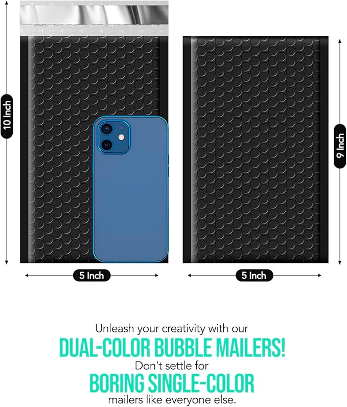 GSSUSA Black Bubble Mailers 5x10" Small Padded Envelopes 100 Pack Usable Size 5X9" Bubble Shipping Envelopes,Strong Adhesion Padded Mailer,Self-Seal Bubble Envelopes for Small Business.