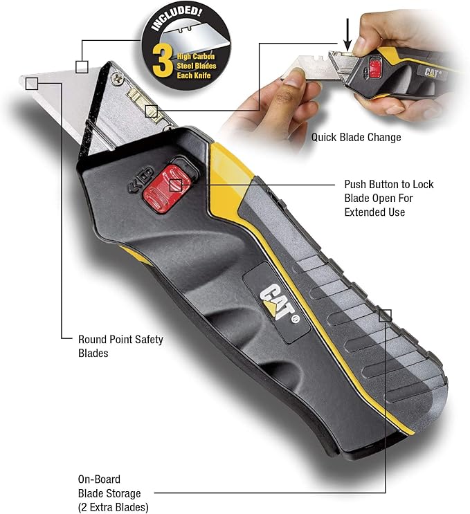 Cat Safety Utility Knife Box Cutter Self-Retracting, Squeeze Handle to Extend, Release to Retract, Lock Open w/Switch, Ergo Handle w/ 3 Safety-Tip Blades That Store Inside - 240071