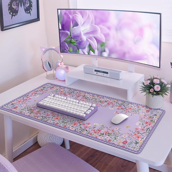 iCasso Large Desk Mat for Keyboard and Mouse,Cute Desk Pad,Purple | Anti-Slip Floral Computer Mat for Women, Girly Gaming Mouse Pad for Home Office