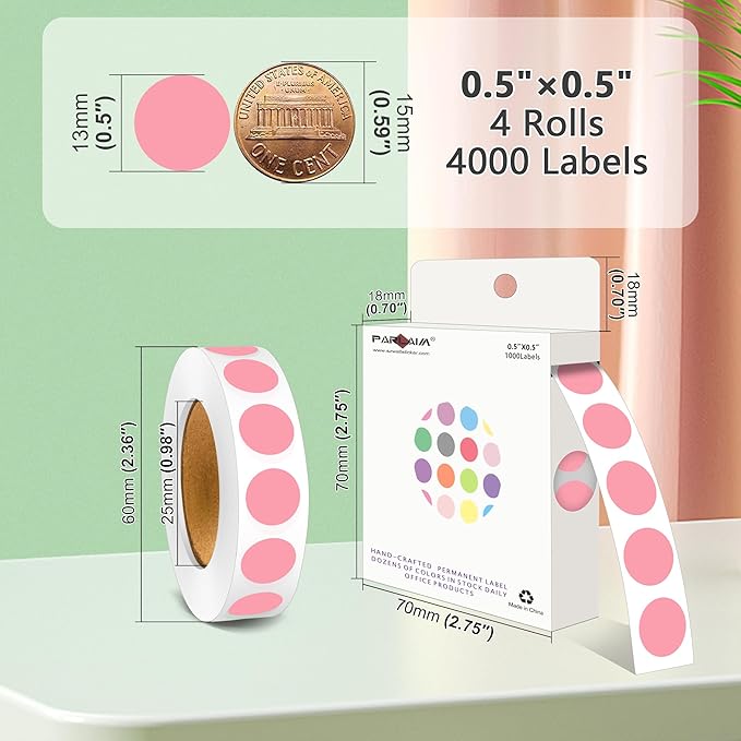 PARLAIM 4000 Pack Pink Dot Stickers, 1/2 inch Round Circle Label 4 Rolls Permanent Adhesive Color-Code Sticker Labels in Dispenser Box