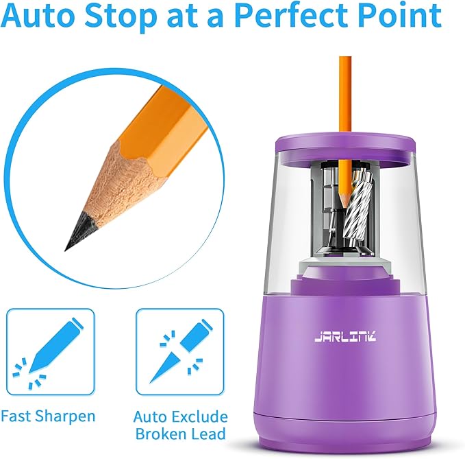 JARLINK Electric Pencil Sharpener, Heavy-Duty Helical Blade to Fast Sharpen, Auto Stop for No.2/Colored Pencils(6-8mm), USB/Battery Operated in School Classroom/Office/Home (Purple)