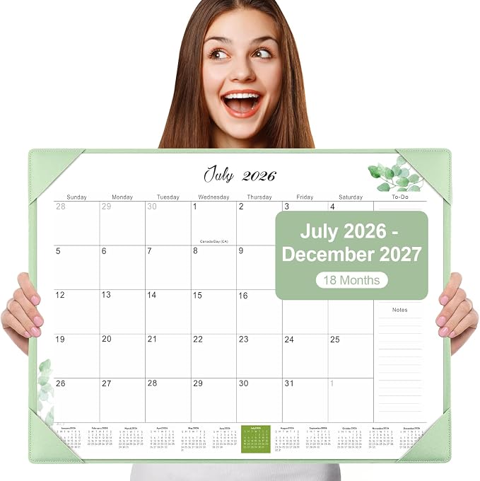 Gannyfer Desk Calendar 2026-2027 with Desktop Mat, Simplified Large 22" x 17" Desktop Pad Calendar, 18 Month Desk Calendar July 2026-Dec 2027, Office Supplies Perfect for Home School and Office - Green