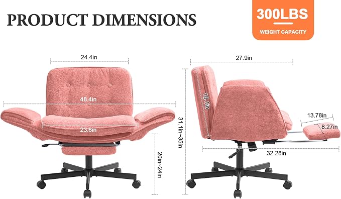 Criss Cross Chair with Footrest & 5 Level Folding Arms Full Relaxation, Wide Cross Legged Office Chair for Home Office, Comfy Swivel Desk Chair with Ottoman, Chenille Vanity Chair (Pink)