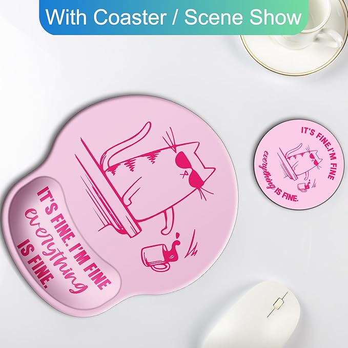 Ergonomic Mouse Pad with Wrist Support Rest,Large Mousepad Gel Wrist Rest, with Coaster Non-Slip & Pain Relief for Computer, Desk, Home&Office-Pink Cute Funny Cat