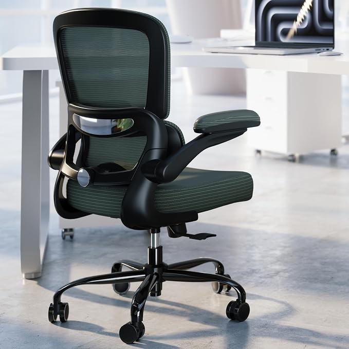 TRALT Ergonomic Office Chair Desk Chair with Adjustable Lumbar Support | Desk Chair Comfy with Flip-up Armrests Ergonomic Chair - Mesh Computer Chairs for Adults, 330lbs, PU Leather (Dark Green, 1)