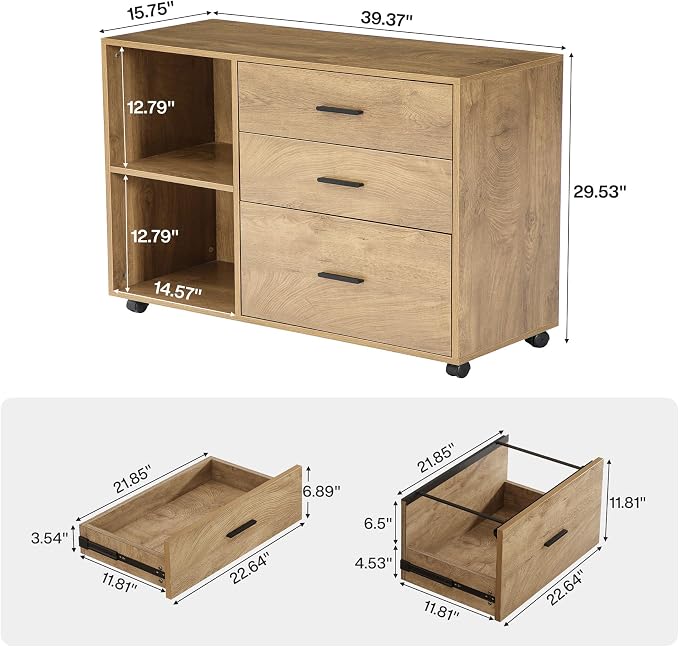 Tribesigns 39" Rolling File Cabinet with 3 Drawers for Office, Light Brown | Wooden Office Lateral Filing Cabinet for Home Office Modern Mobile Printer Stand with Storage Shelves Large Storage Drawer